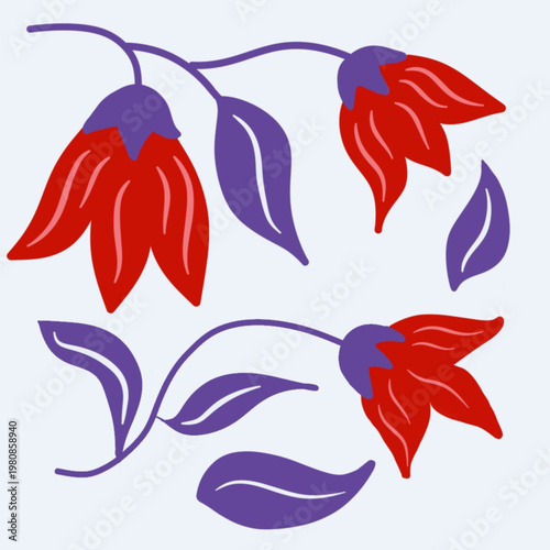 
Floral Scandinavian Folk Art Pattern Element with Red Bell Flowers and Purple Leaves.