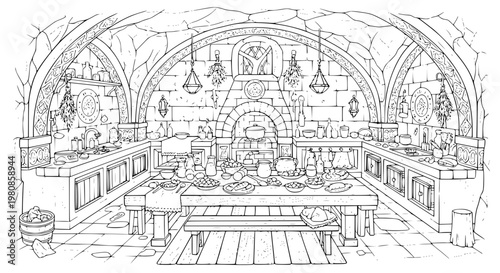 Magical fairy tale medieval cave kitchen vector contour illustration for adult coloring book and t-shirt