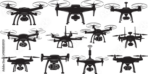 Collection of various drone silhouettes in flight and hovering
