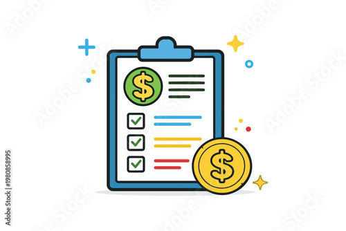 Clipboard with financial checklist and dollar coin symbolizing budgeting or expense tracking