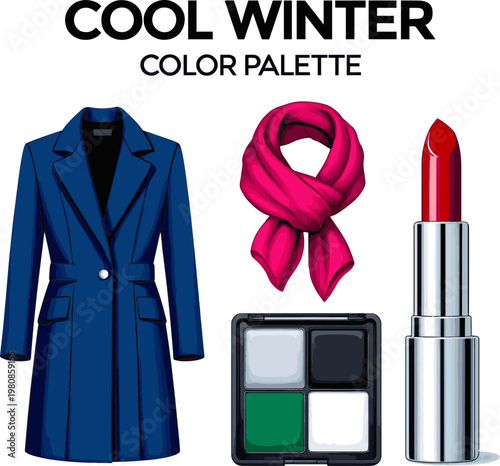 Create a realistic kinds of deferent Personal color Cool Winter vector art with white background.