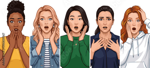 Create a realistic kinds of deferent surprised woman vector art with white background.