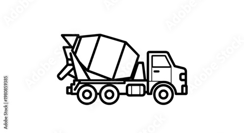 Black and white illustration of a cement mixer truck in motion isolated on transparent background, Vector