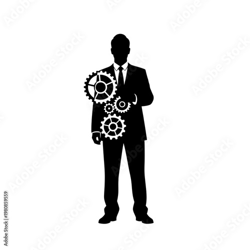 Silhouette of a Businessman with Gears Representing Internal Mechanisms.
