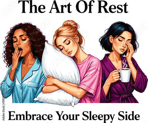 Create a realistic kinds of deferent sleepy woman vector art with white background.