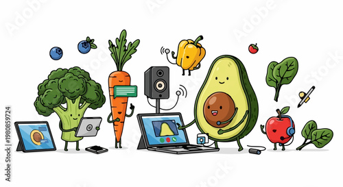Cartoon Vegetables and Fruits Using Technology for Communication and Learning.