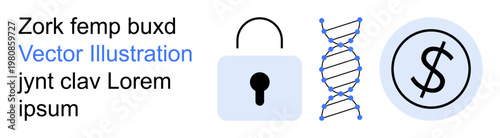 Cybersecurity, financial security, biotechnology, genetics, data privacy, DNA research. Padlock, DNA strand and dollar sign. Cybersecurity and financial security concept