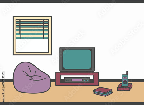 Retro living room interior scene with tv beanbag and phone vector.