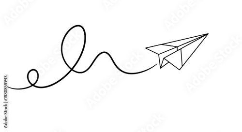 A simple paper airplane flying with a swirling motion line isolated on transparent background, Vector