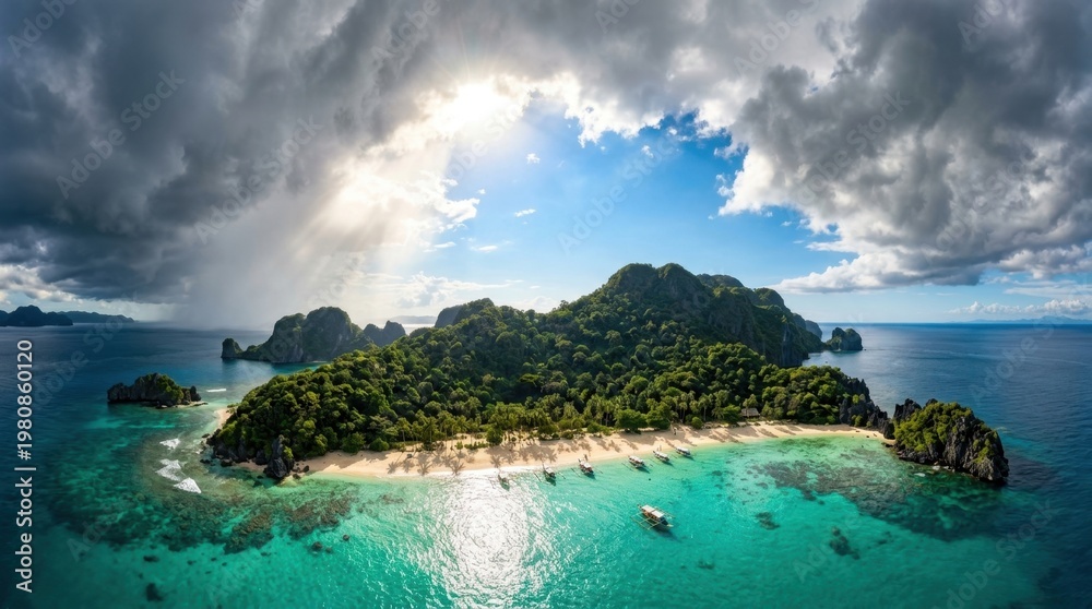 Fototapeta premium Heavy clouds dissolving over tropical island, bright sun illuminating turquoise water, paradise reveal 