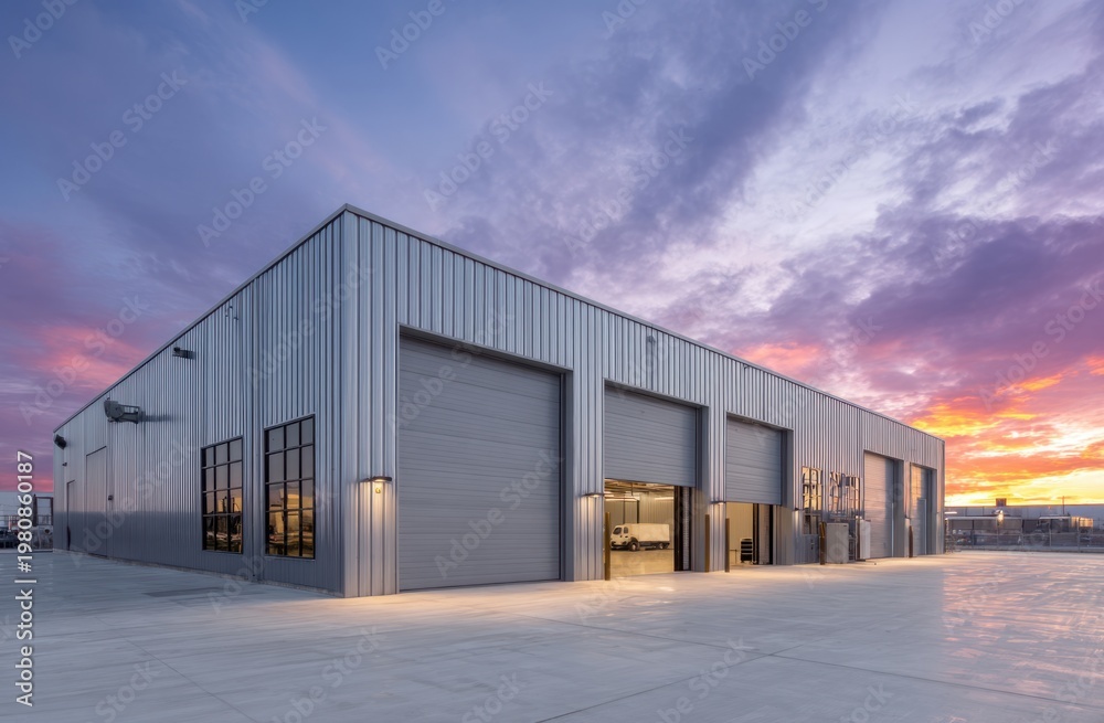 Fototapeta premium Modern industrial warehouse with large metal doors and sleek exterior architecture under a vibrant sunset sky