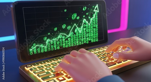 Hands on keyboard with stock market graph.