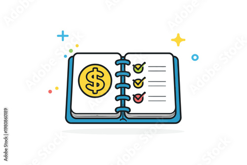 Organized financial tracking in a colorful notebook with dollar symbol