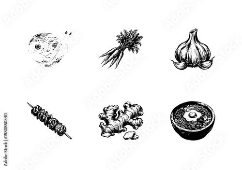 Korean Cuisine and Asian Food Ingredients with Inky Hand-Drawn Doodle and Fluid Calligraphic Strokes