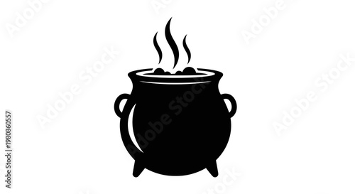 steaming black cauldron with rising smoke isolated on white background