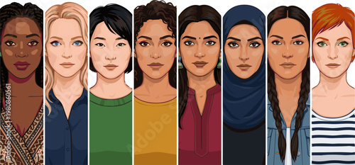 Create a realistic kinds of deferent woman staring vector art with white background.. smart,