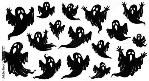 Halloween ghost characters dancing and flying in spooky vector illustration