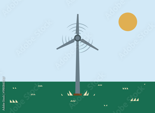 Wind turbine generating electricity in green field under blue sky with sun eco energy.