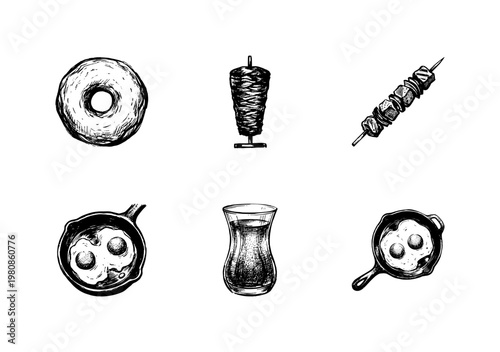 Turkish Food and Middle Eastern Cuisine Elements with Inky Brush Strokes in Hand-Drawn Sketchy Style