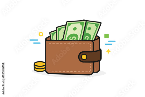 Illustration of a wallet filled with cash and coins for financial representation
