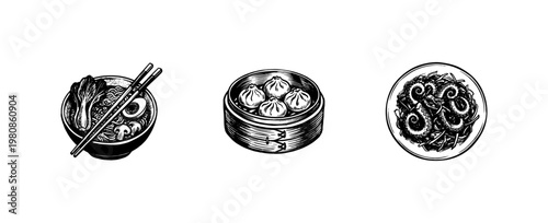 Asian Cuisine and Traditional Japanese Food Elements with Hand-Drawn Inky Brush Strokes and Calligraphic Fluid Outlines