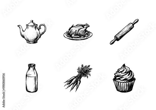 Kitchen Utensils and Gourmet Food Elements with Hand-Drawn Inky Doodle and Organic Calligraphic Ink Strokes for Restaurant Menu Design.