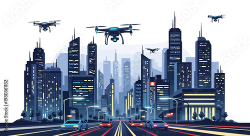 Futuristic Smart City Landscape with Drones and Autonomous Vehicles