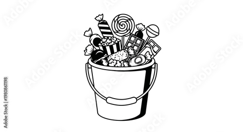overflowing halloween candy bucket with spooky treats and popcorn vector illustration