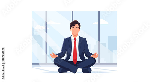 Businessman meditating in office for mental health and stress relief