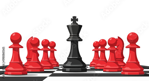 Chess King Surrounded by Opposing Pieces Strategy Illustration
