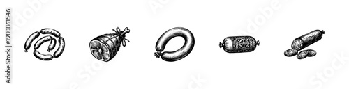 Gourmet Meat Products and Delicatessen Sausages with Hand-Drawn Inky Brush Strokes and Detailed Cross-Hatching Textures