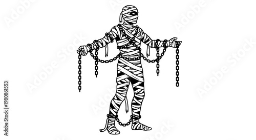 Zombie prisoner in striped jumpsuit holding broken chains for Halloween concept