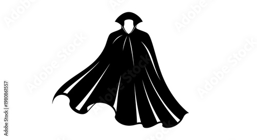 Silhouette of Mysterious Cloaked Figure with Dramatic Cape in Black and White