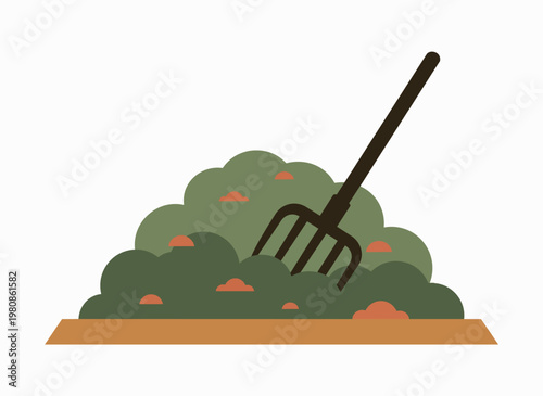 Gardening rake in compost pile, organic waste management, garden tool illustration.