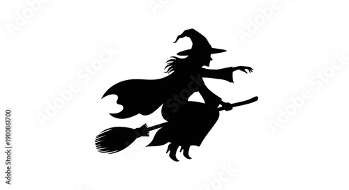 Halloween witch flying on broomstick against white background vector illustration