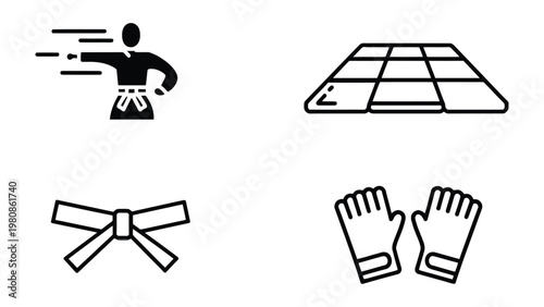 Karate Icons: A set of stylized icons representing the core elements of karate, including a karate practitioner in action, the sparring area, a karate belt, and a pair of gloves.