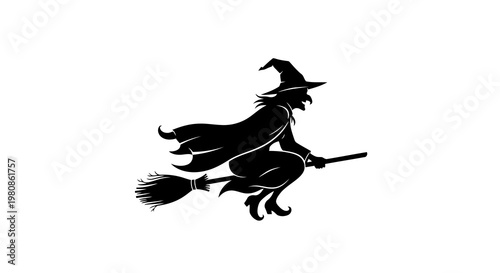 Halloween witch flying on broomstick against full moon silhouette vector illustration