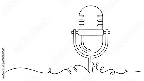 Retro Microphone Line Art with Wavy Cord - Vector Illustration