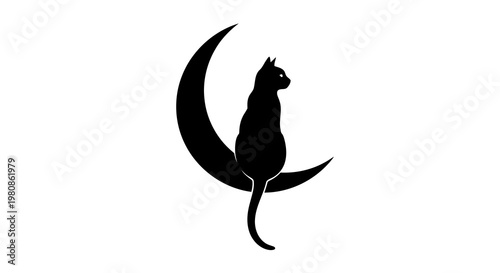 Black Cat Silhouette on Crescent Moon Halloween Vector Art
