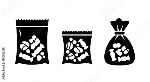 halloween candy bags with spooky bone and eye decorations flat vector illustration