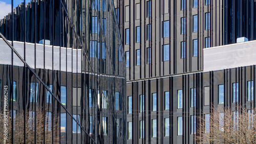 Modern Vertical Black Metal Ribbed Facade Building Architectural Glass Windows