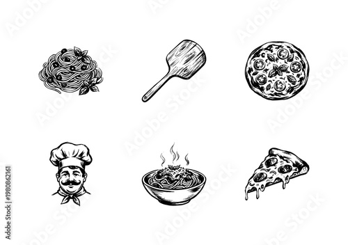 Italian Pizzeria and Pasta Restaurant Design Elements with Hand-Drawn Inky Brush Strokes and Vintage Calligraphic Flourishes