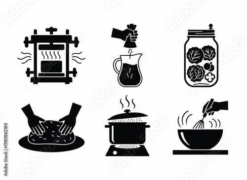 Food preservation methods canning pickling dough preparation cooking boiling and whisking ingredients icons.