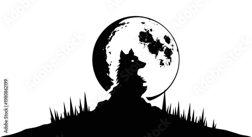 Silhouette of howling wolf under full moon with spooky grass at night