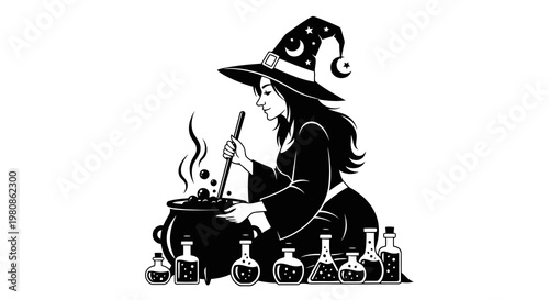 Witch brewing potion in cauldron with magical ingredients and smoke illustration