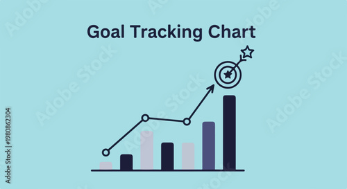 Infographic of a goal tracking chart with a bar graph and line graph on a light blue background with a target and star.
