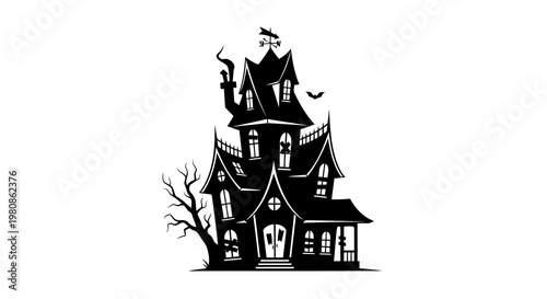 Haunted Victorian Mansion with Bats and Moonlit Silhouette at Night