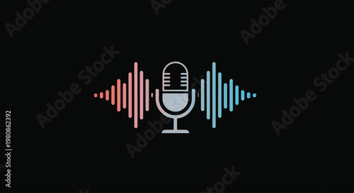A graphic illustration of a microphone with colorful sound waves on a black background.