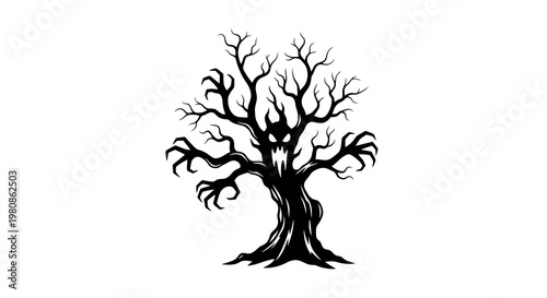 spooky halloween haunted tree with twisted branches and evil face silhouette