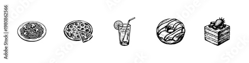 Food and Beverage Gourmet Selection including Pizza Pasta and Dessert with Hand-Drawn Inky Doodle and Organic Textures